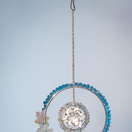 Blue Crystal & Floral Hoop Hanging Ornament – Handcrafted Sun Catcher