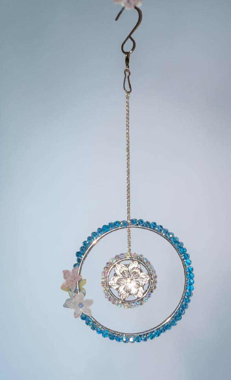 Blue Crystal & Floral Hoop Hanging Ornament – Handcrafted Sun Catcher