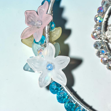 Blue Crystal & Floral Hoop Hanging Ornament – Handcrafted Sun Catcher