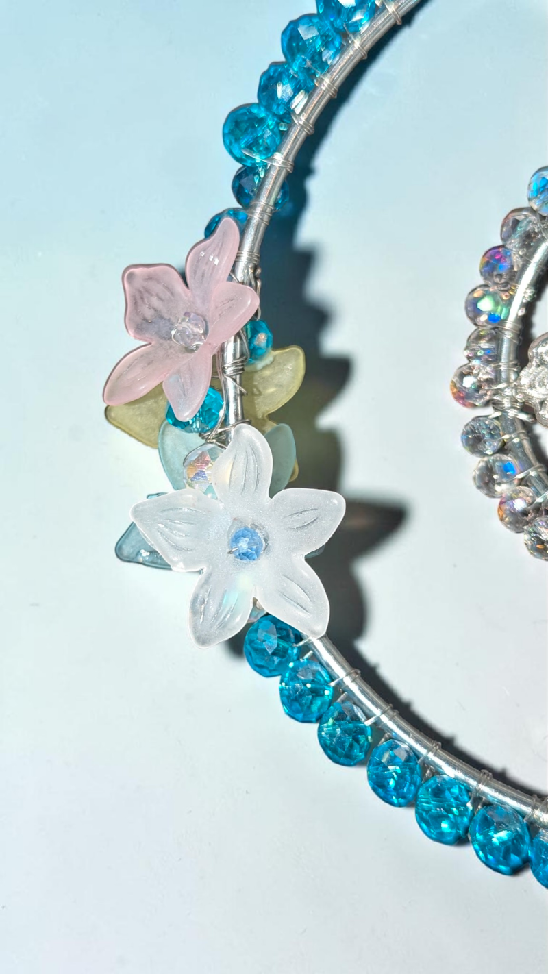 Blue Crystal & Floral Hoop Hanging Ornament – Handcrafted Sun Catcher