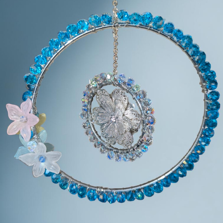 Blue Crystal & Floral Hoop Hanging Ornament – Handcrafted Sun Catcher