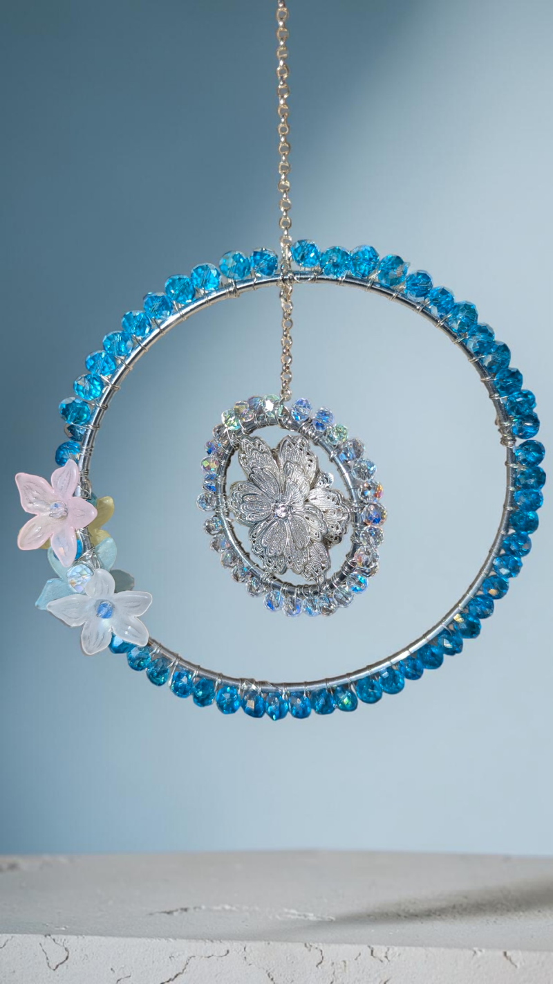 Blue Crystal & Floral Hoop Hanging Ornament – Handcrafted Sun Catcher