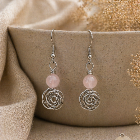 Rose Quartz Wire Rose Earrings – Handmade Pink Crystal Earrings