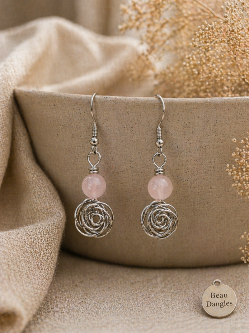 Rose Quartz Wire Rose Earrings – Handmade Pink Crystal Earrings