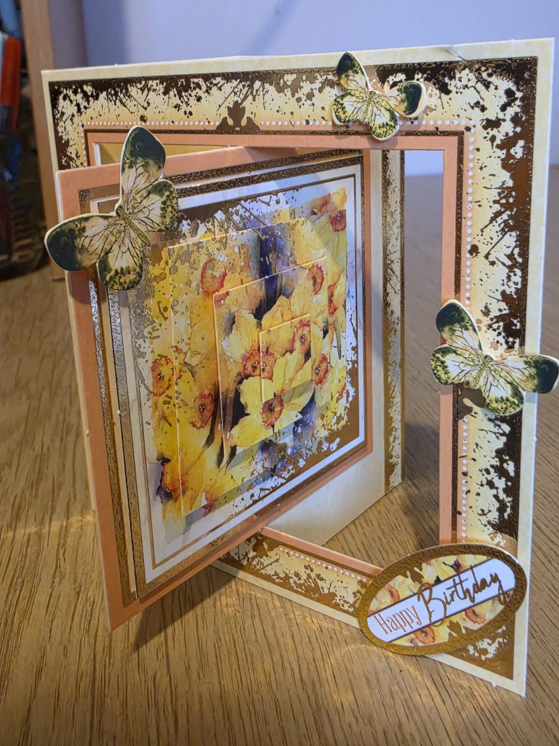 Handmade yellow & gold Card with Daffodils and Butterflies