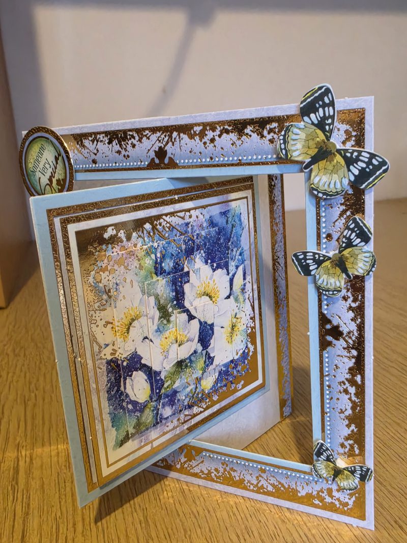 Handmade blue & gold floral Card with Butterflies