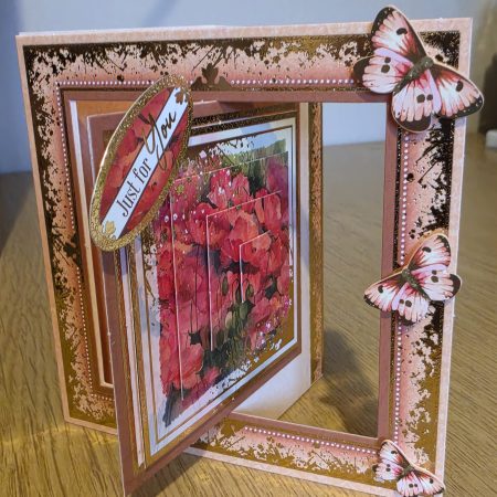 Handmade peach & gold Card with poppies & Butterflies