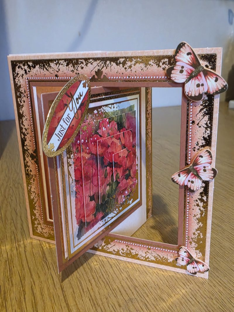Handmade peach & gold Card with poppies & Butterflies
