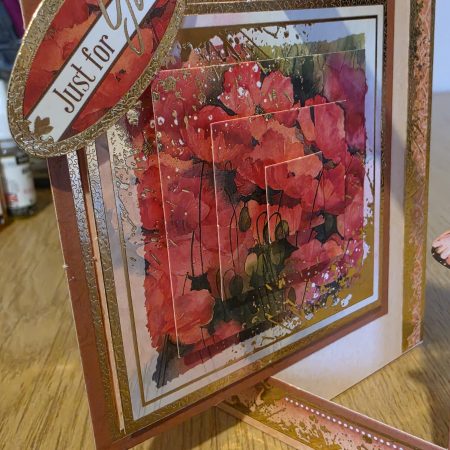 Handmade peach & gold Card with poppies & Butterflies