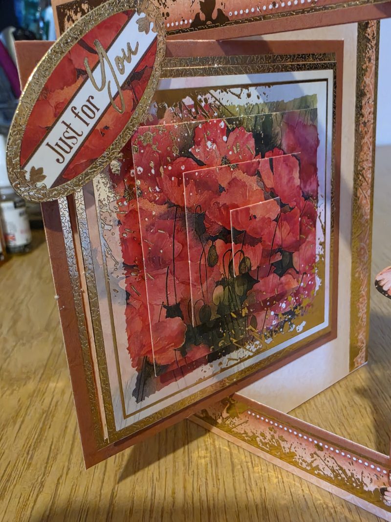 Handmade peach & gold Card with poppies & Butterflies