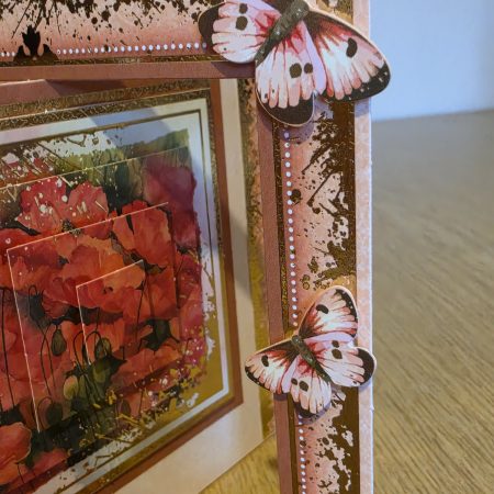 Handmade peach & gold Card with poppies & Butterflies