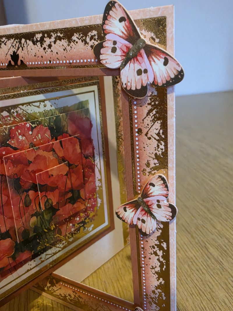 Handmade peach & gold Card with poppies & Butterflies