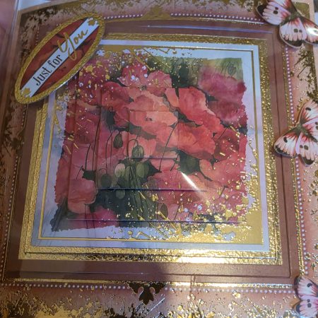 Handmade peach & gold Card with poppies & Butterflies