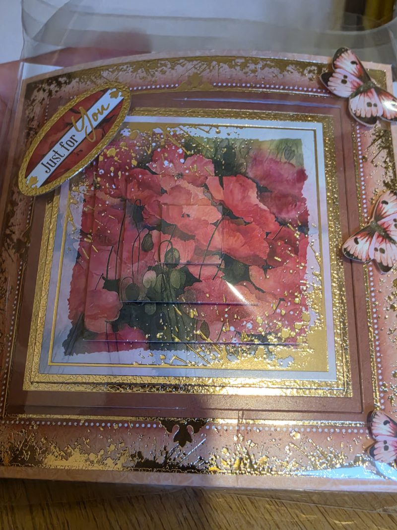 Handmade peach & gold Card with poppies & Butterflies