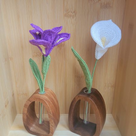 Crochet Flower in Wooden Vase – Iris, Parrot Tulip, or Calla Lily | Handmade Botanical Decor