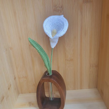 Crochet Flower in Wooden Vase – Iris, Parrot Tulip, or Calla Lily | Handmade Botanical Decor