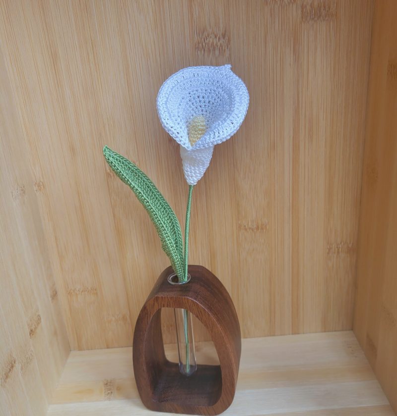 Crochet Flower in Wooden Vase – Iris, Parrot Tulip, or Calla Lily | Handmade Botanical Decor