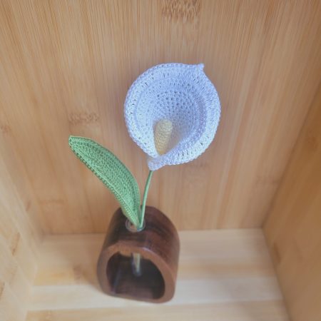 Crochet Flower in Wooden Vase – Iris, Parrot Tulip, or Calla Lily | Handmade Botanical Decor