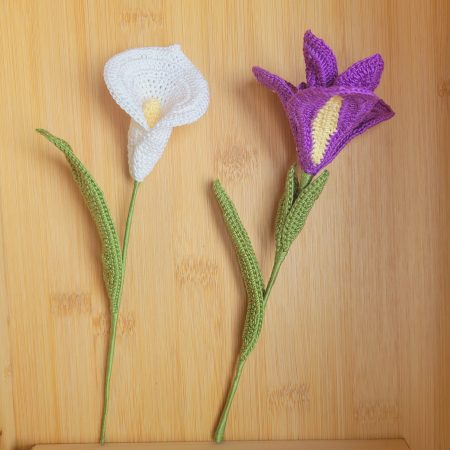 Crochet Flower in Wooden Vase – Iris, Parrot Tulip, or Calla Lily | Handmade Botanical Decor
