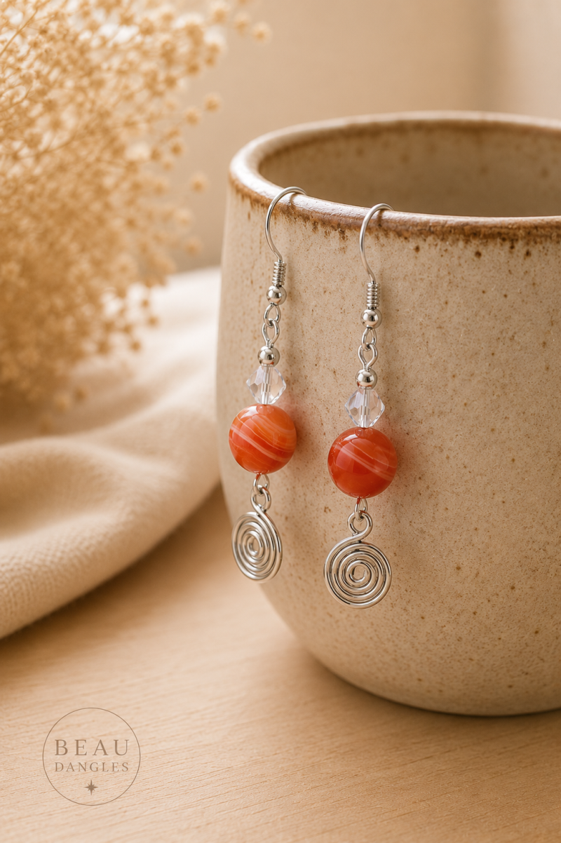 Banded Carnelian Spiral Drop Earrings – Handmade Crystal Earrings