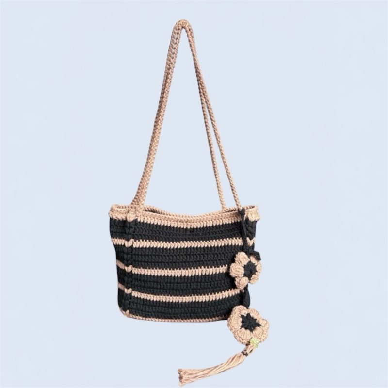 Handmade Boho Crochet Striped Shoulder Bag - 100% Cotton, Black & Cigar (Brown)