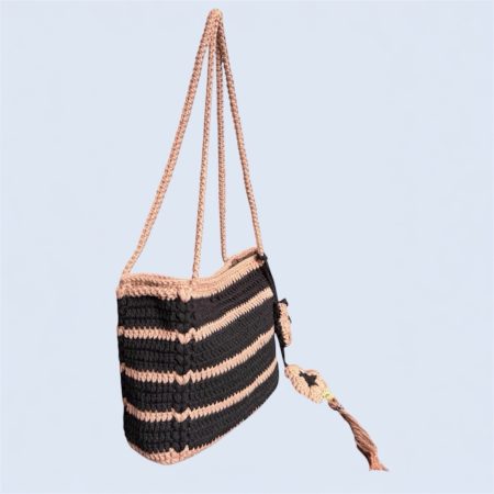 Handmade Boho Crochet Striped Shoulder Bag - 100% Cotton, Black & Cigar (Brown)