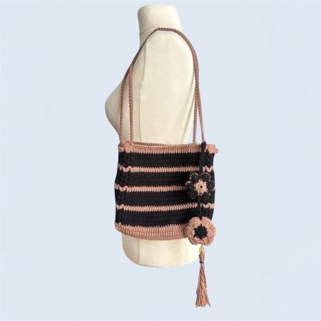Handmade Boho Crochet Striped Shoulder Bag - 100% Cotton, Black & Cigar (Brown)