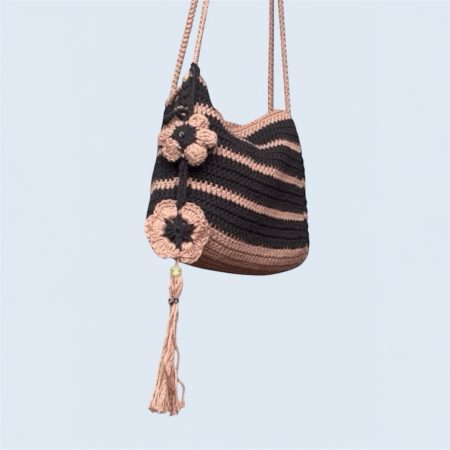 Handmade Boho Crochet Striped Shoulder Bag - 100% Cotton, Black & Cigar (Brown)