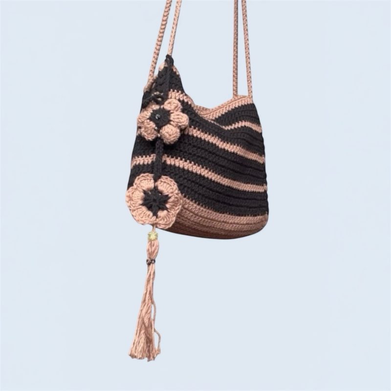 Handmade Boho Crochet Striped Shoulder Bag - 100% Cotton, Black & Cigar (Brown)