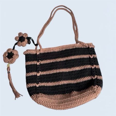 Handmade Boho Crochet Striped Shoulder Bag - 100% Cotton, Black & Cigar (Brown)
