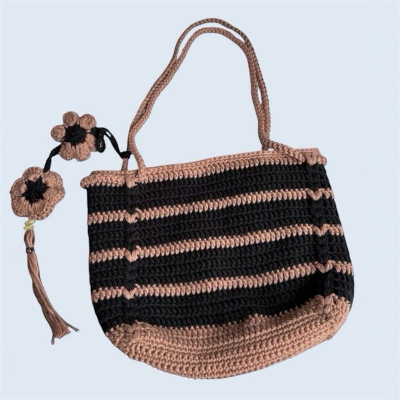 Handmade Boho Crochet Striped Shoulder Bag - 100% Cotton, Black & Cigar (Brown)