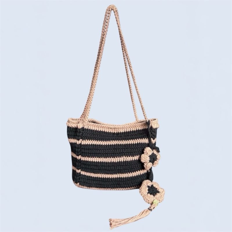 Handmade Boho Crochet Striped Shoulder Bag - 100% Cotton, Black & Cigar (Brown)