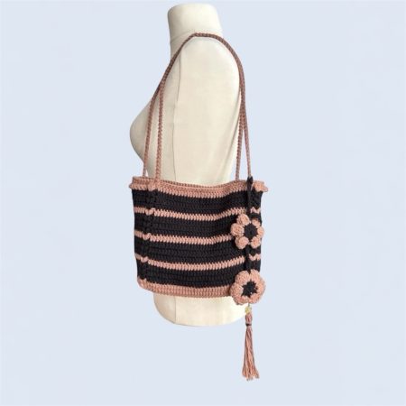 Handmade Boho Crochet Striped Shoulder Bag - 100% Cotton, Black & Cigar (Brown)