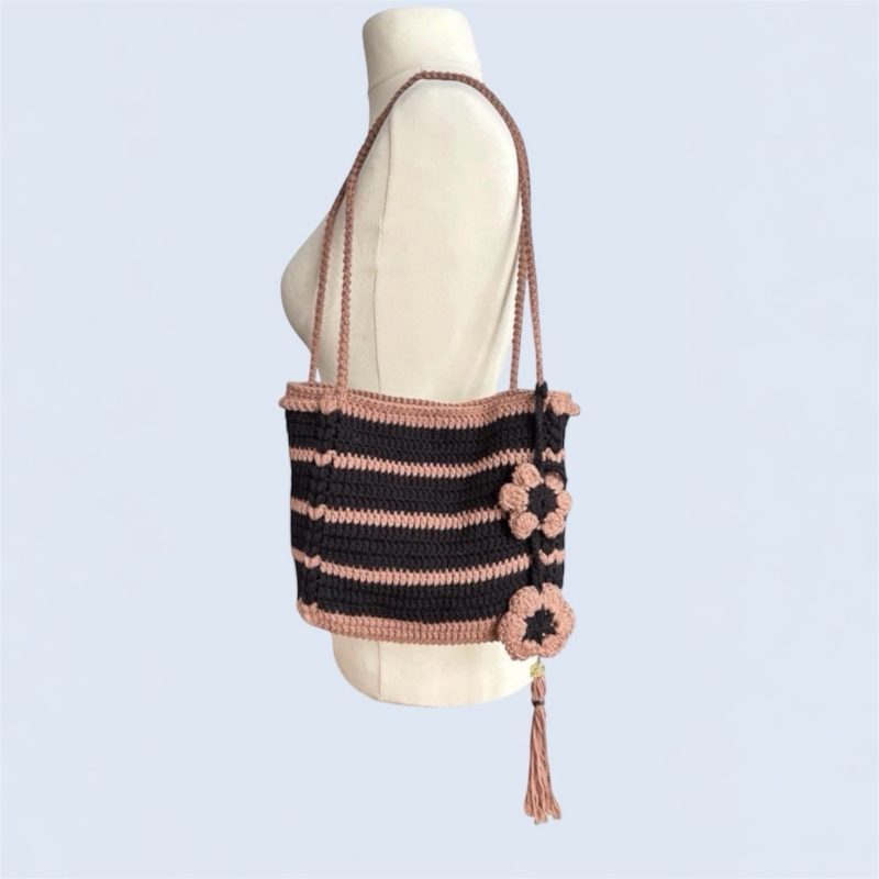 Handmade Boho Crochet Striped Shoulder Bag - 100% Cotton, Black & Cigar (Brown)