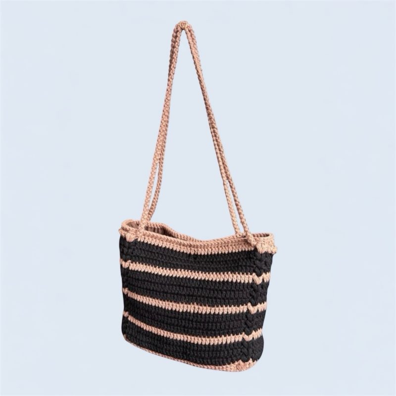 Handmade Boho Crochet Striped Shoulder Bag - 100% Cotton, Black & Cigar (Brown)