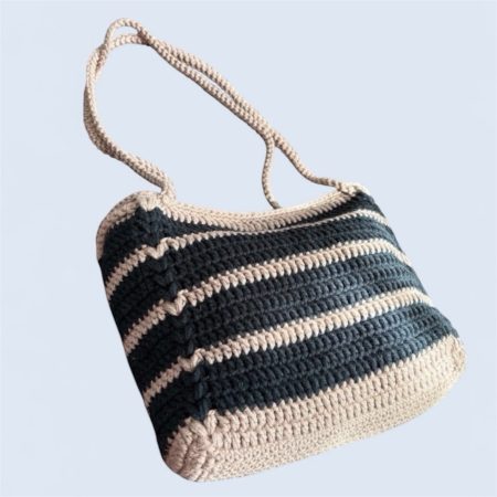 Handmade Boho Crochet Striped Shoulder Bag - 100% Cotton, Black & Cigar (Brown)