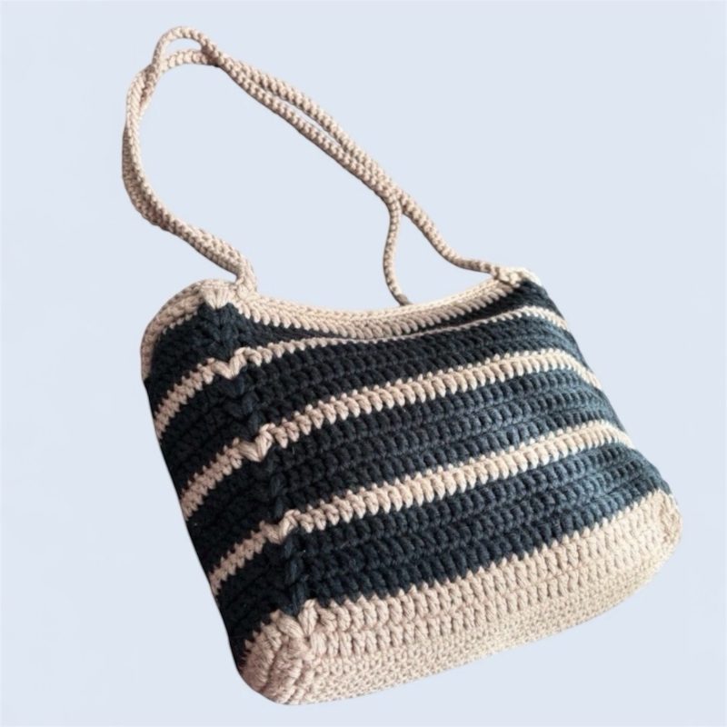 Handmade Boho Crochet Striped Shoulder Bag - 100% Cotton, Black & Cigar (Brown)