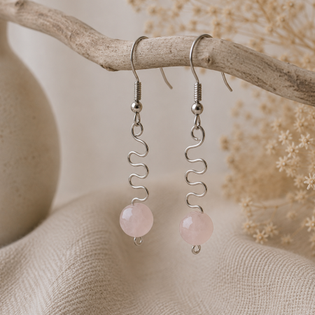 Rose Quartz Wavy Drop Earrings – Handmade Pink Crystal Earrings