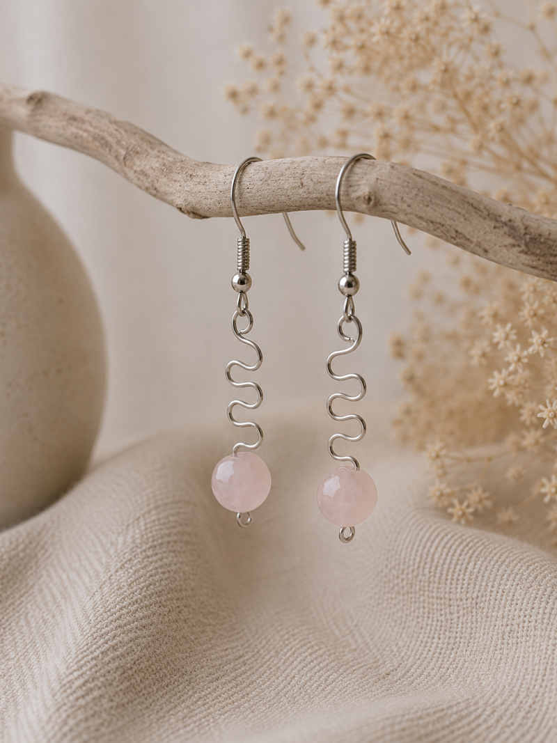 Rose Quartz Wavy Drop Earrings – Handmade Pink Crystal Earrings
