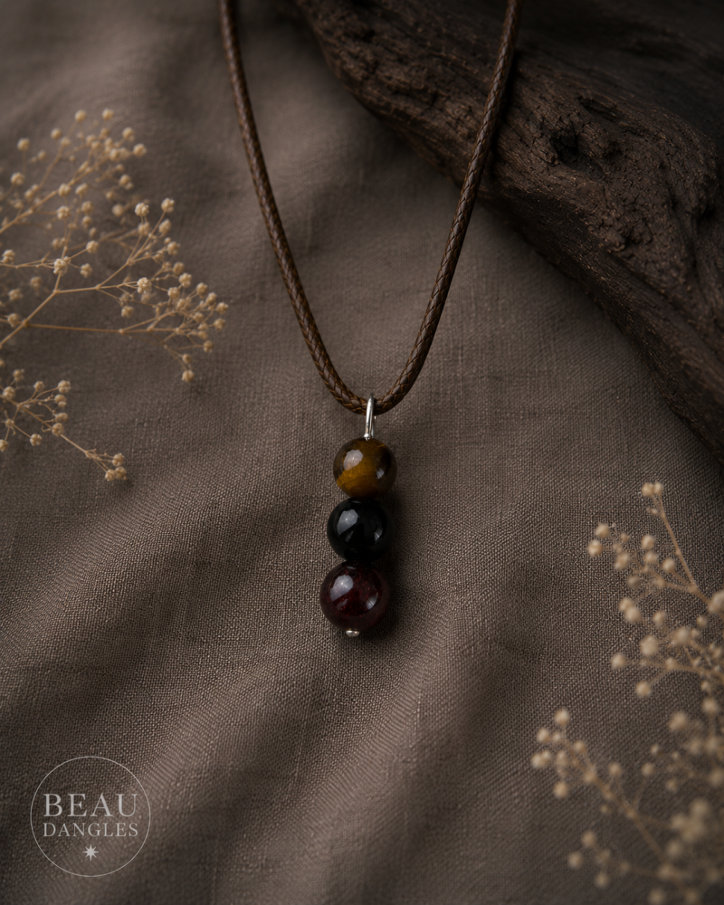 Strength & Stability Pendant – Tiger’s Eye, Obsidian & Garnet Crystal Necklace