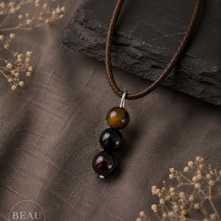 Strength & Stability Pendant – Tiger’s Eye, Obsidian & Garnet Crystal Necklace