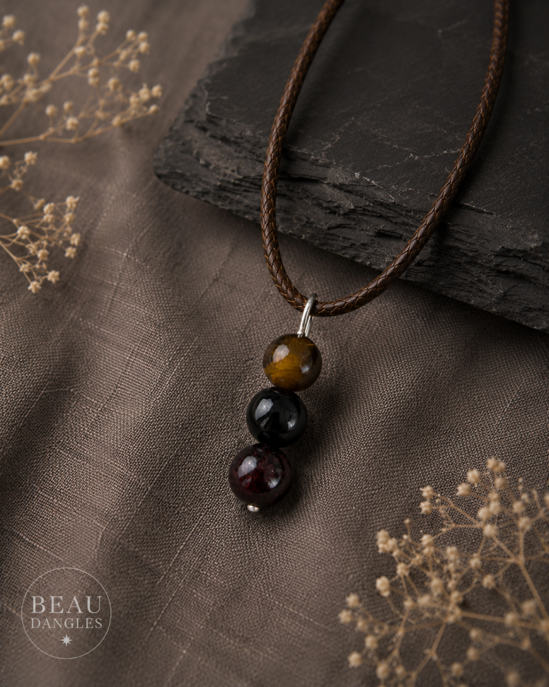 Strength & Stability Pendant – Tiger’s Eye, Obsidian & Garnet Crystal Necklace