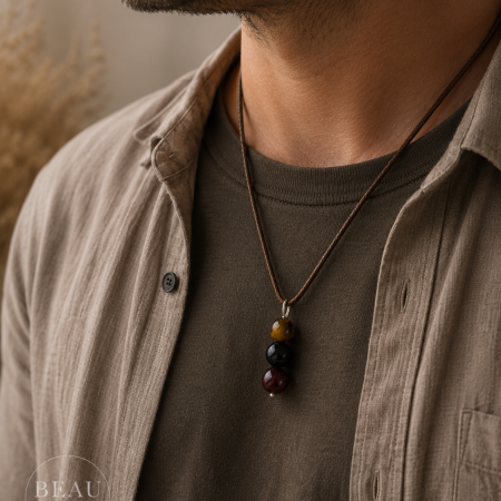Strength & Stability Pendant – Tiger’s Eye, Obsidian & Garnet Crystal Necklace