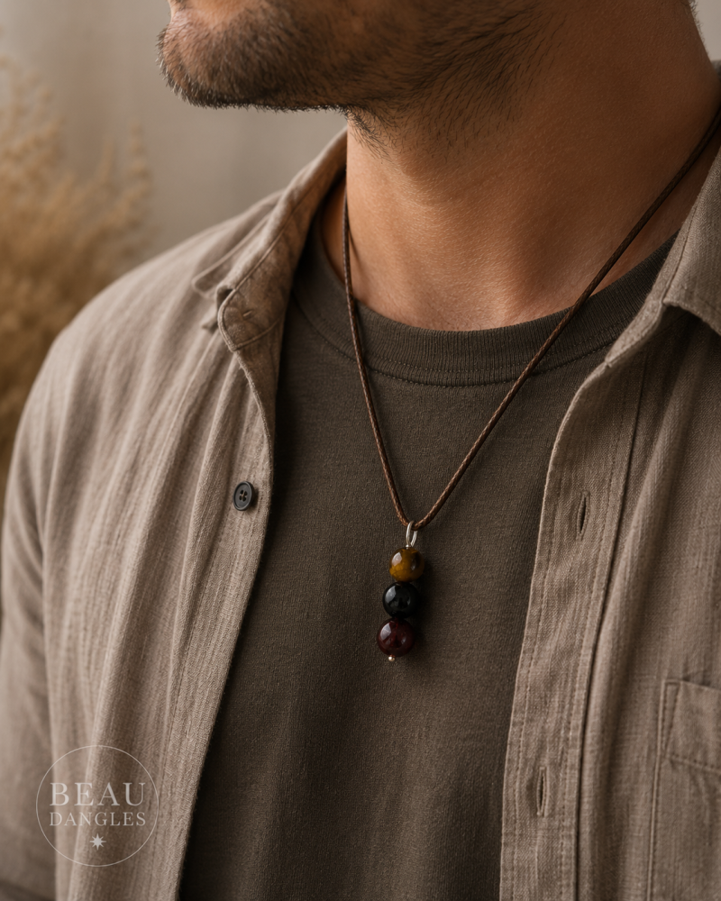 Strength & Stability Pendant – Tiger’s Eye, Obsidian & Garnet Crystal Necklace