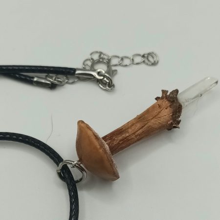 Handmade Polymer Clay Mushroom with Clear Quartz Crystal Point Pendant Necklace