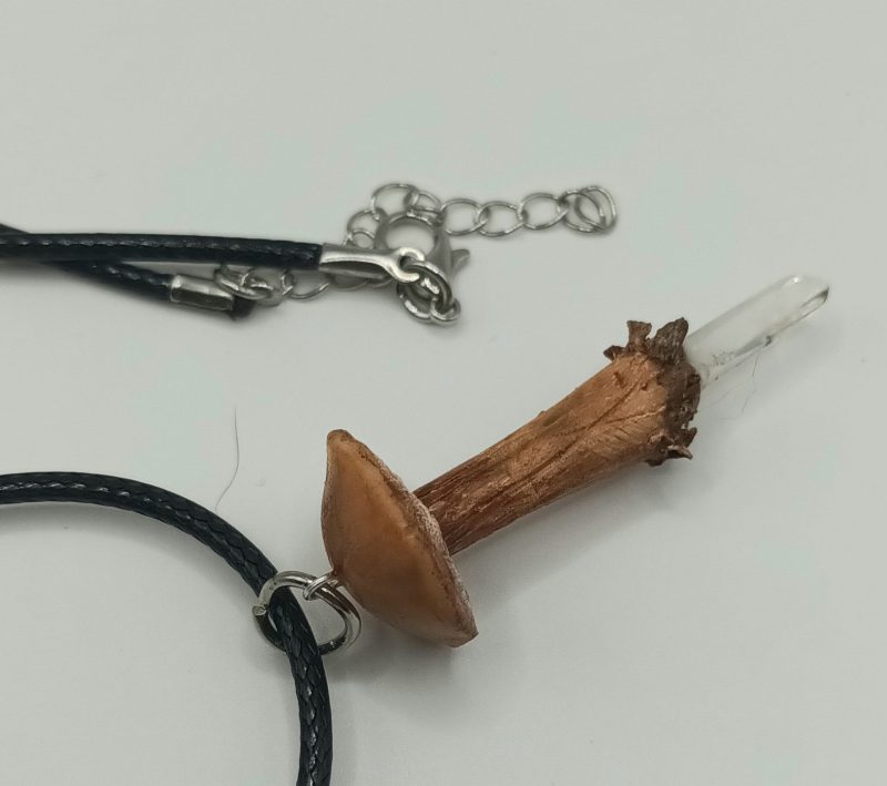 Handmade Polymer Clay Mushroom with Clear Quartz Crystal Point Pendant Necklace