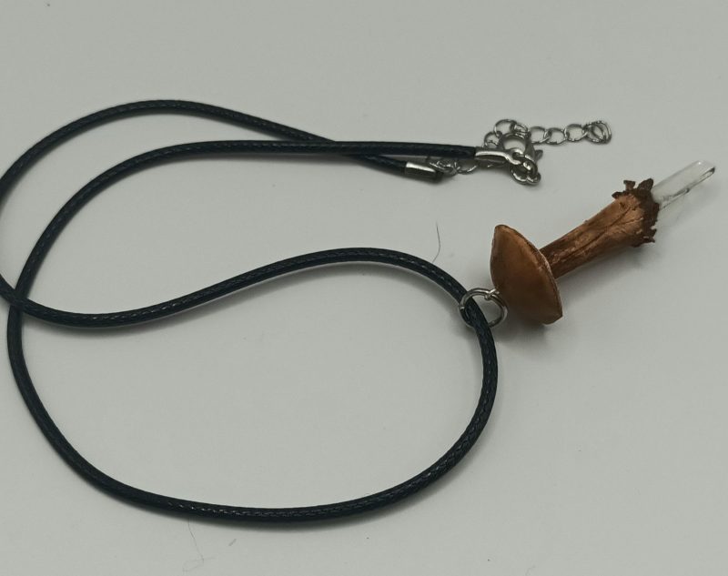 Handmade Polymer Clay Mushroom with Clear Quartz Crystal Point Pendant Necklace