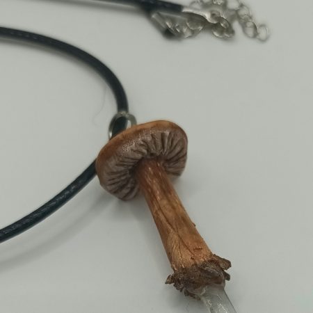 Handmade Polymer Clay Mushroom with Clear Quartz Crystal Point Pendant Necklace