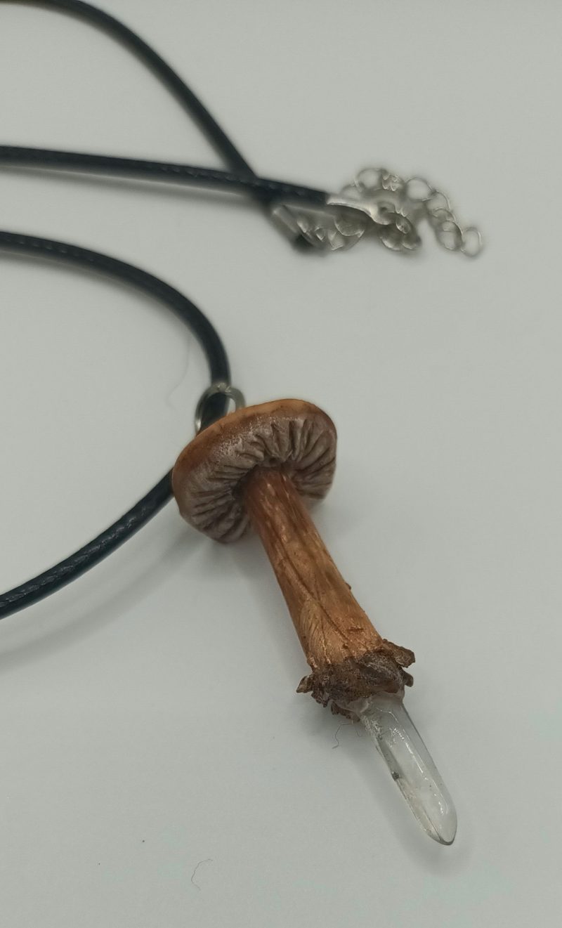 Handmade Polymer Clay Mushroom with Clear Quartz Crystal Point Pendant Necklace