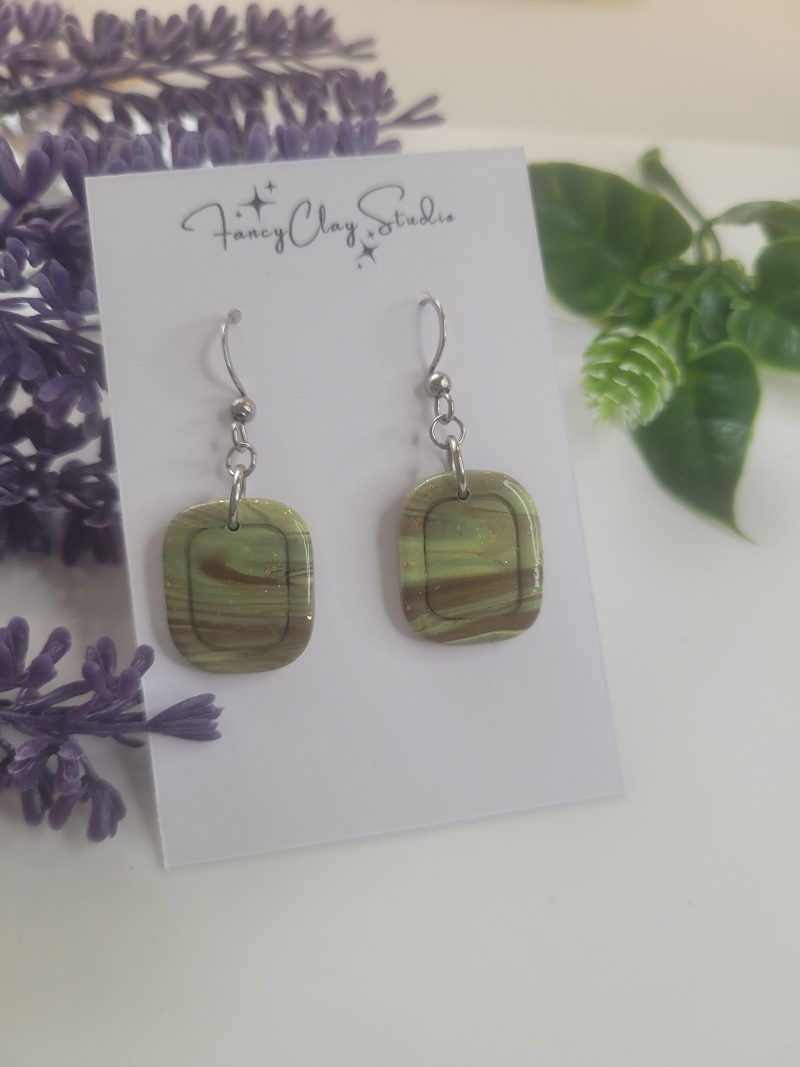Marble olive green dangle drop earrings